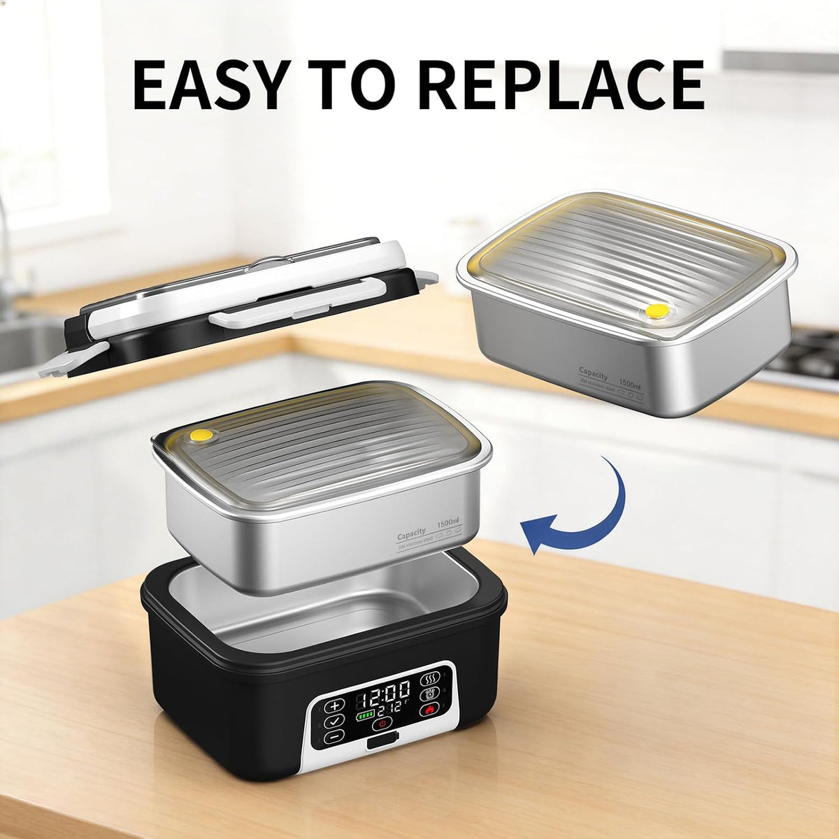 1.5L 304 Stainless Steel Inner Container for Electric Lunch Box, Removable Replacement Tray, Easy to Clean, Eco Friendly and Dishwasher Safe