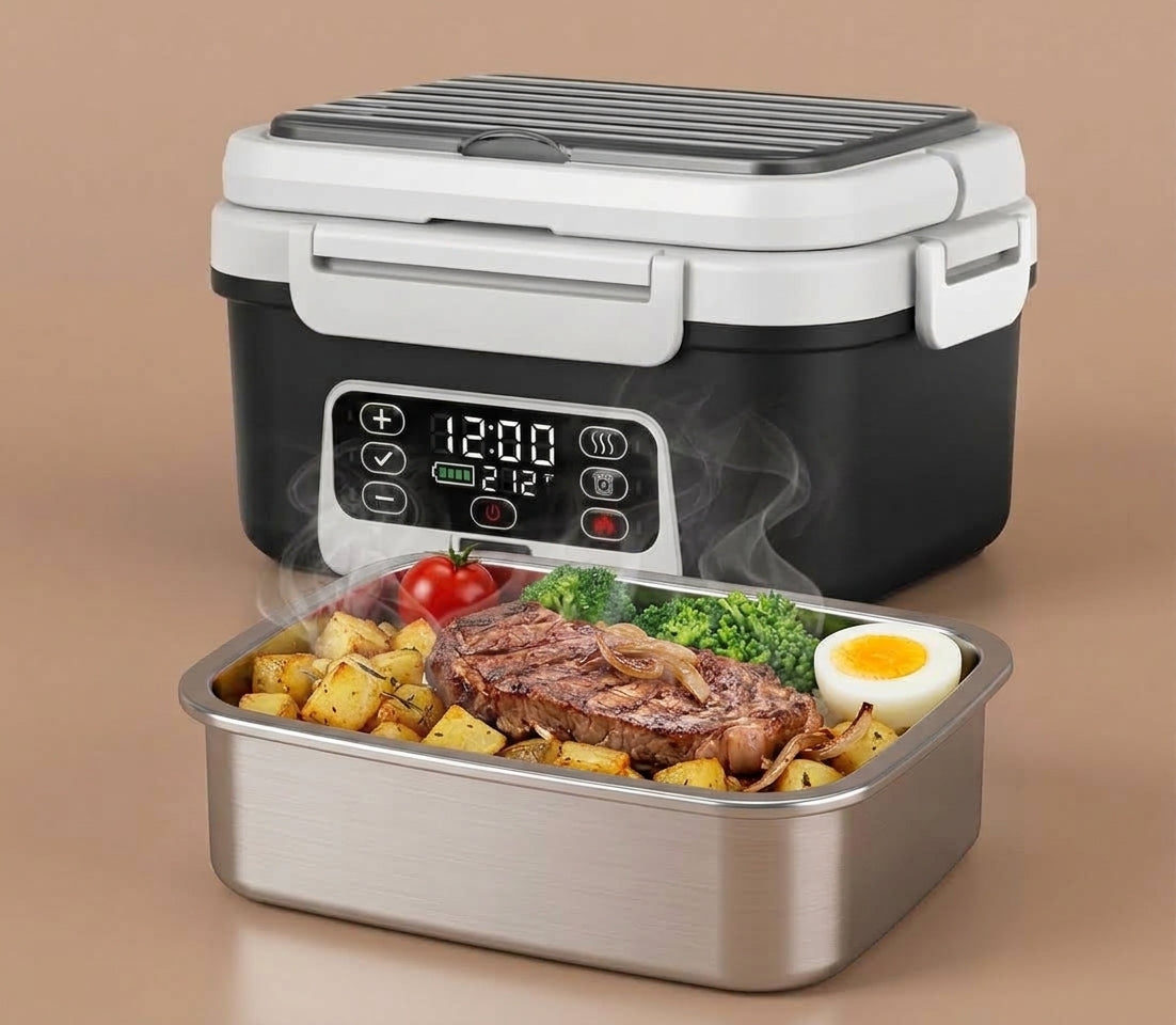 A smart insulated lunch box set shown on a warm beige background. The back unit is black and white with a digital control panel, and the front unit is open, showing a prepared meal with steak, broccoli, potatoes, and a hard-boiled egg.